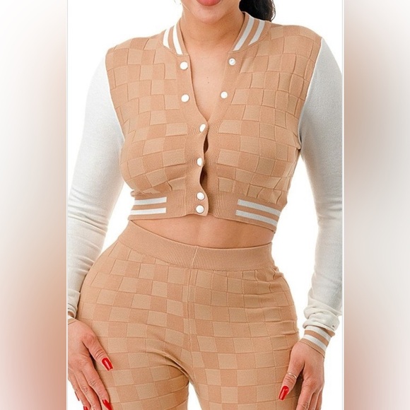 Khaki Two Piece Knit Varsity Stye Jacket Top High Waisted Knit Leggings Joggers - Picture 3 of 13